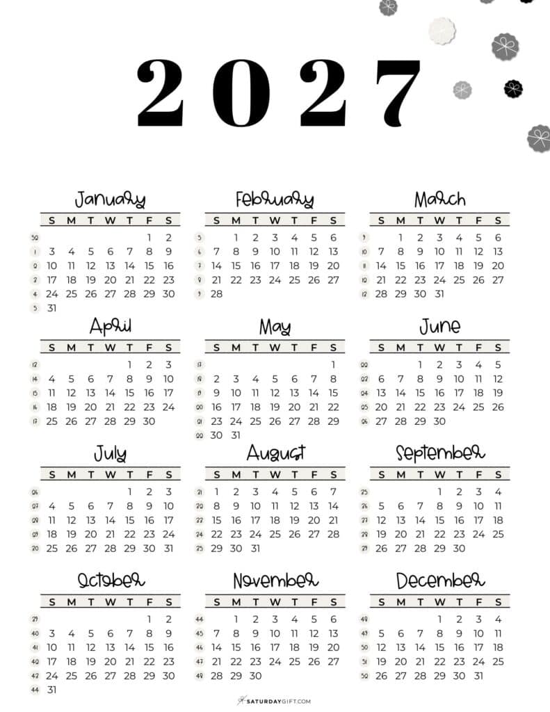 2027 Calendar Template - Week numbers 2027 Sunday-starting weeks