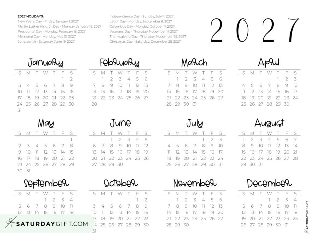 2027 Federal Holidays Calendar Landscape