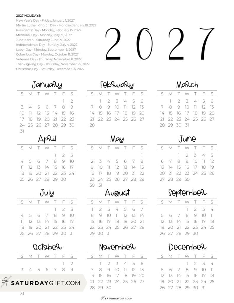 2027 Federal Holidays Calendar Portrait