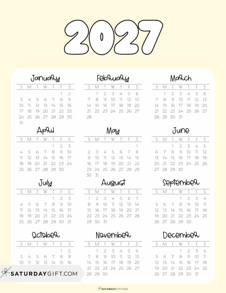 2027 Year Calendar Printable Free Download