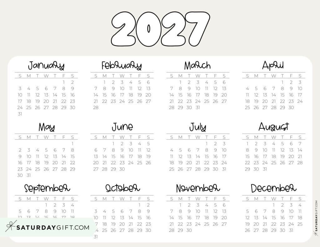 2027 Year Calendar Printable PDF Landscape Beige