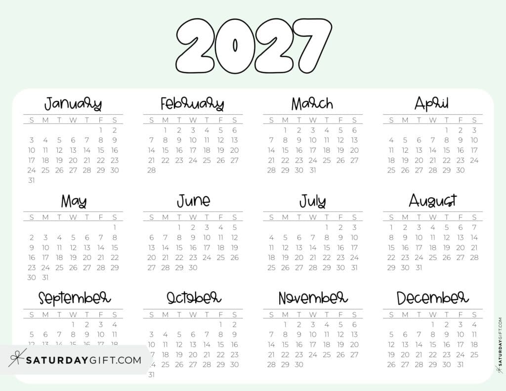 2027 Year Calendar Printable PDF Landscape Green