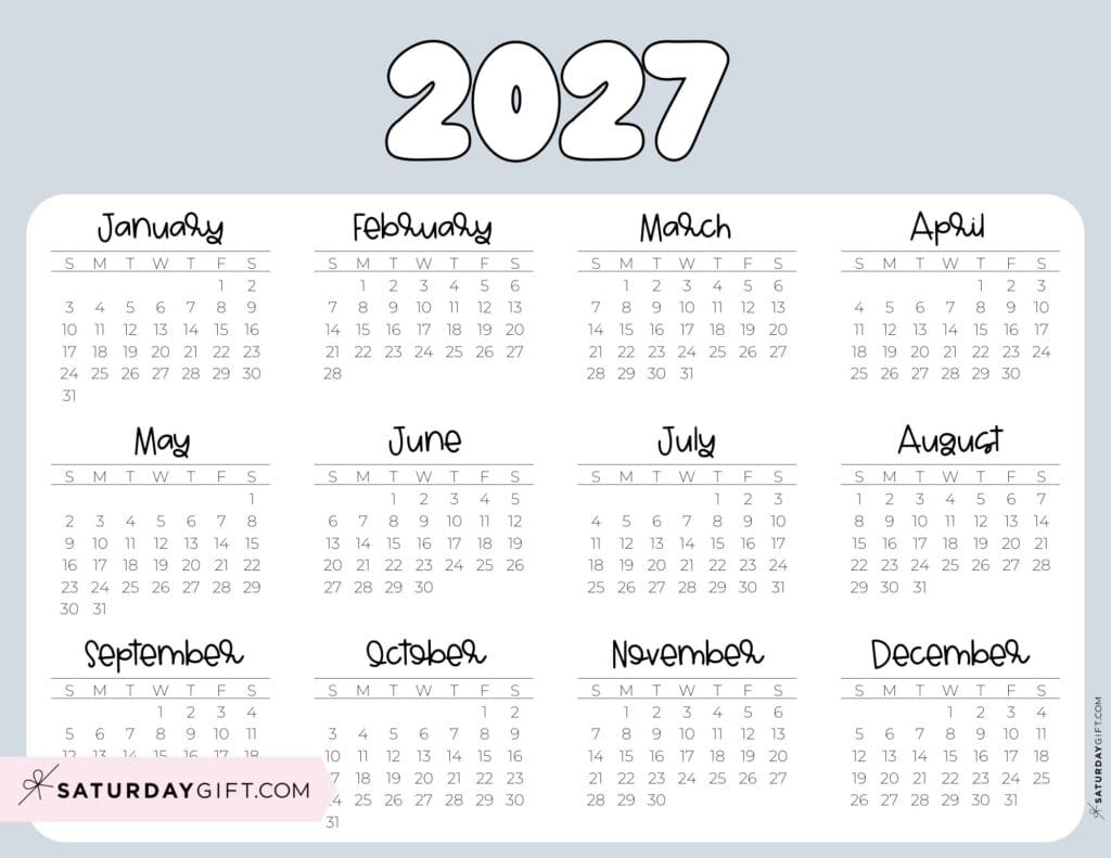 2027 Year Calendar Printable PDF Landscape Grey