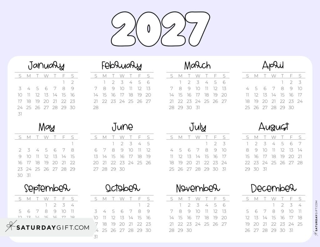 2027 Year Calendar Printable PDF Landscape Lilac