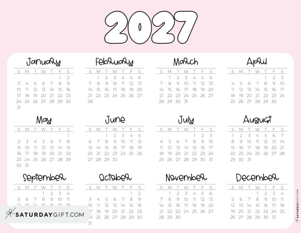2027 Year Calendar Printable PDF Landscape Pink
