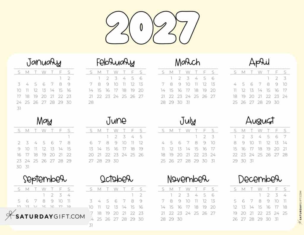 2027 Year Calendar Printable PDF Landscape Yellow