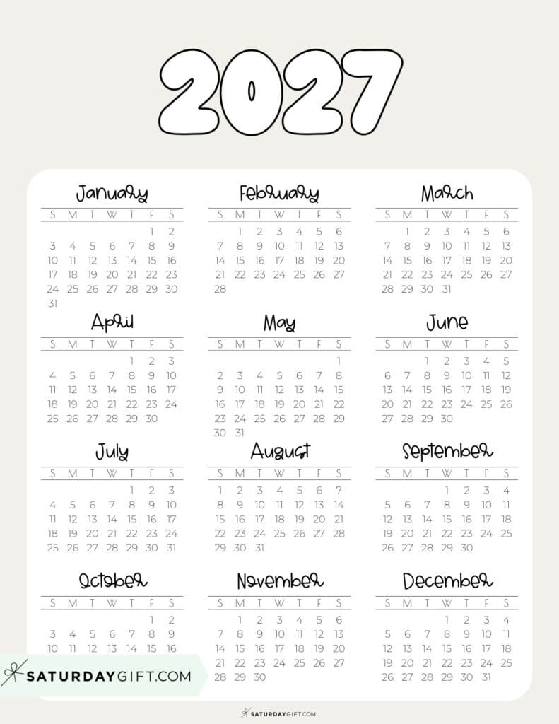 2027 Year at a Glance Calendar Printable PDF Beige