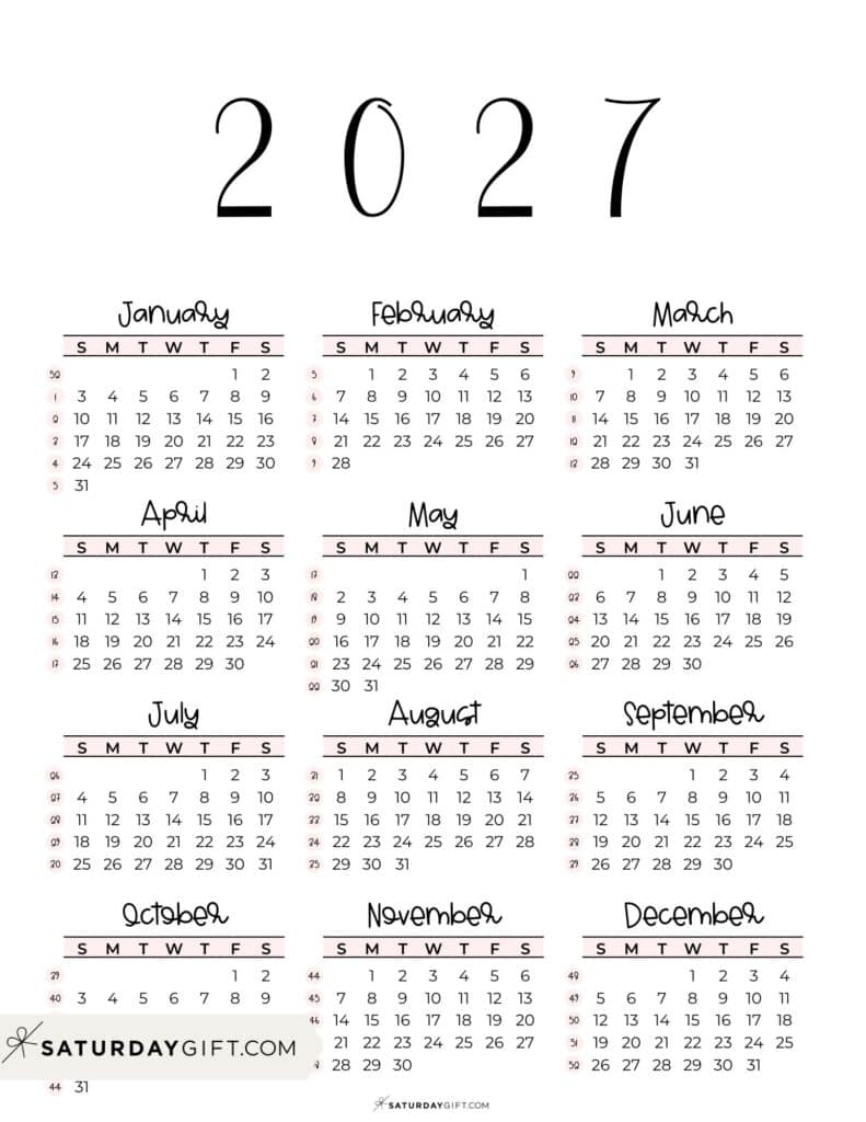 2027 Yearly Calendar with Week Numbers Printable