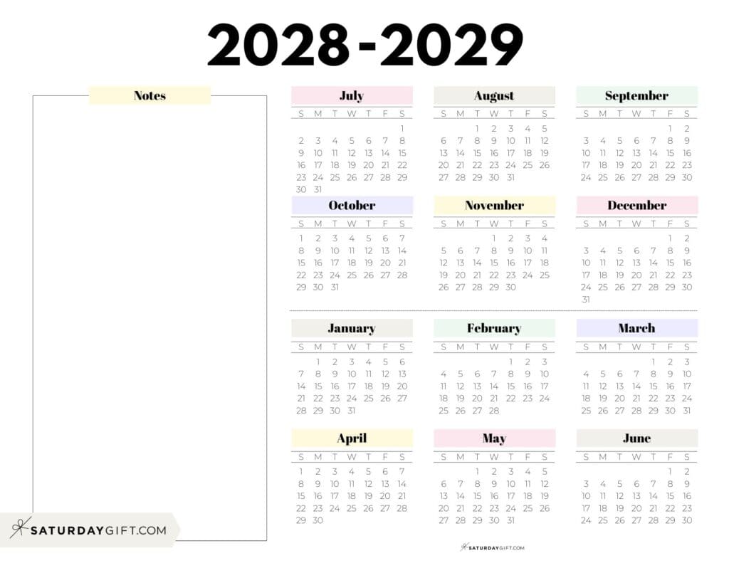 2028-2029 Cute Printable Academic Calendar with Notes Section - Pastel Colors - Landscape | SaturdayGift