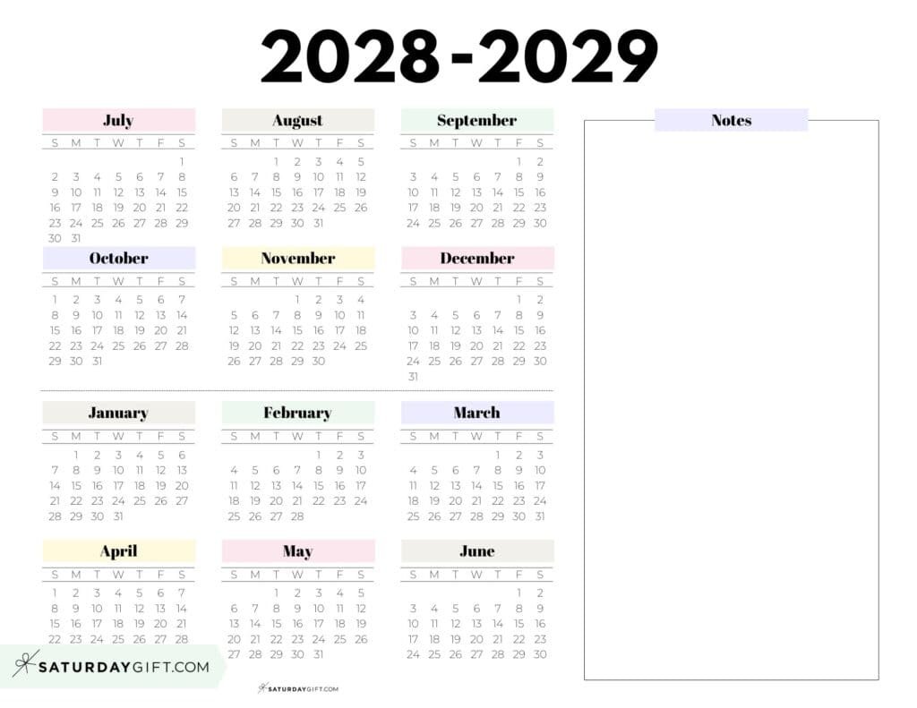 2028-2029 Cute Printable School Calendar Template with Notes Section - Pastel Colors - Landscape | SaturdayGift