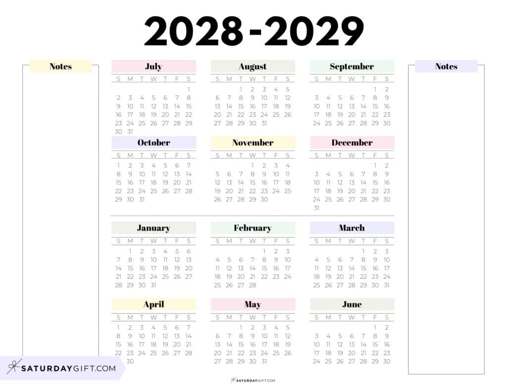 2028-2029 Cute Printable School Year Calendar Template with Notes Section - Pastel Colors - Landscape | SaturdayGift
