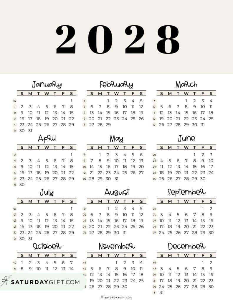 2028 Annual Calendar Printable with Week Numbers Sunday-Starting