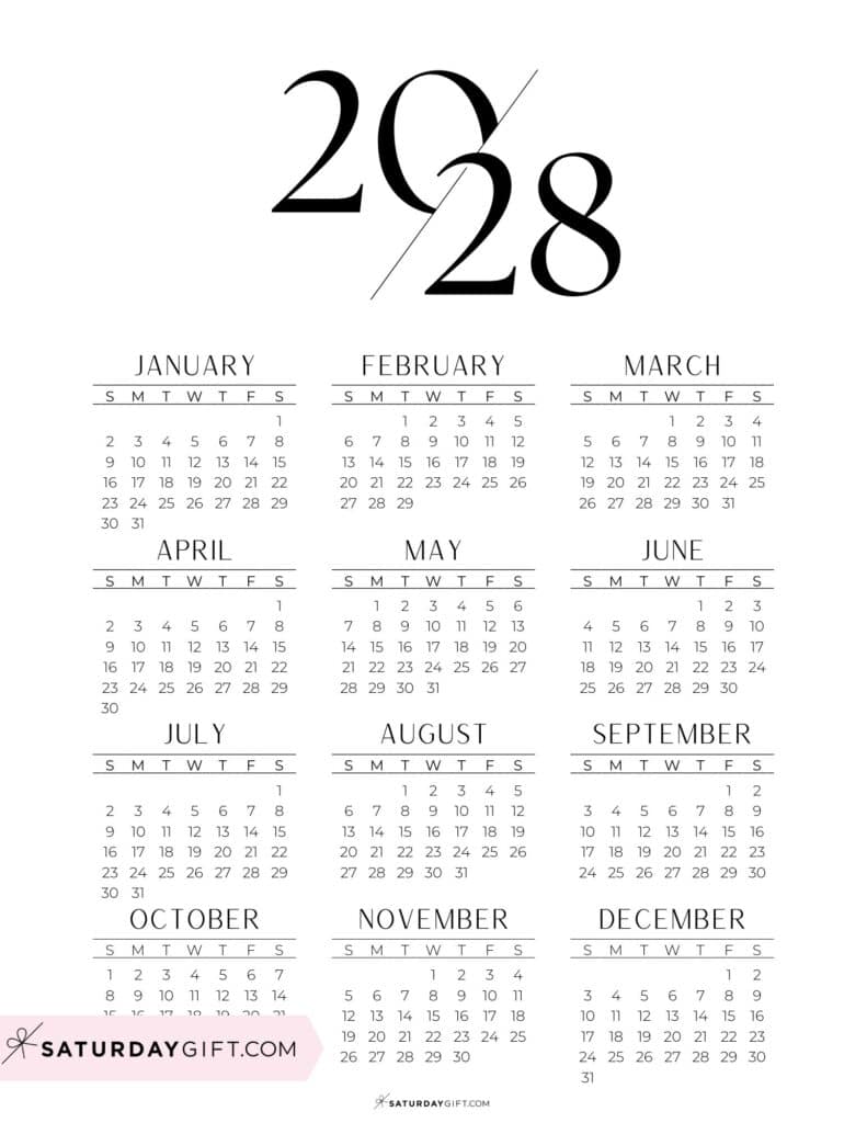 2028 Calendar Printable Aesthetic Black and White Calendar