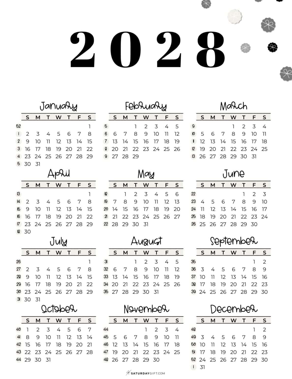 Week numbers for 2028 - What week is it? | SaturdayGift