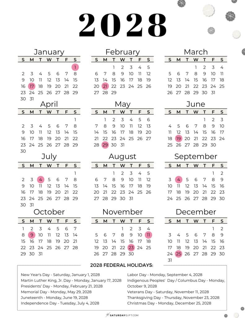 List of Federal holidays 2028 in the U.S. | SaturdayGift