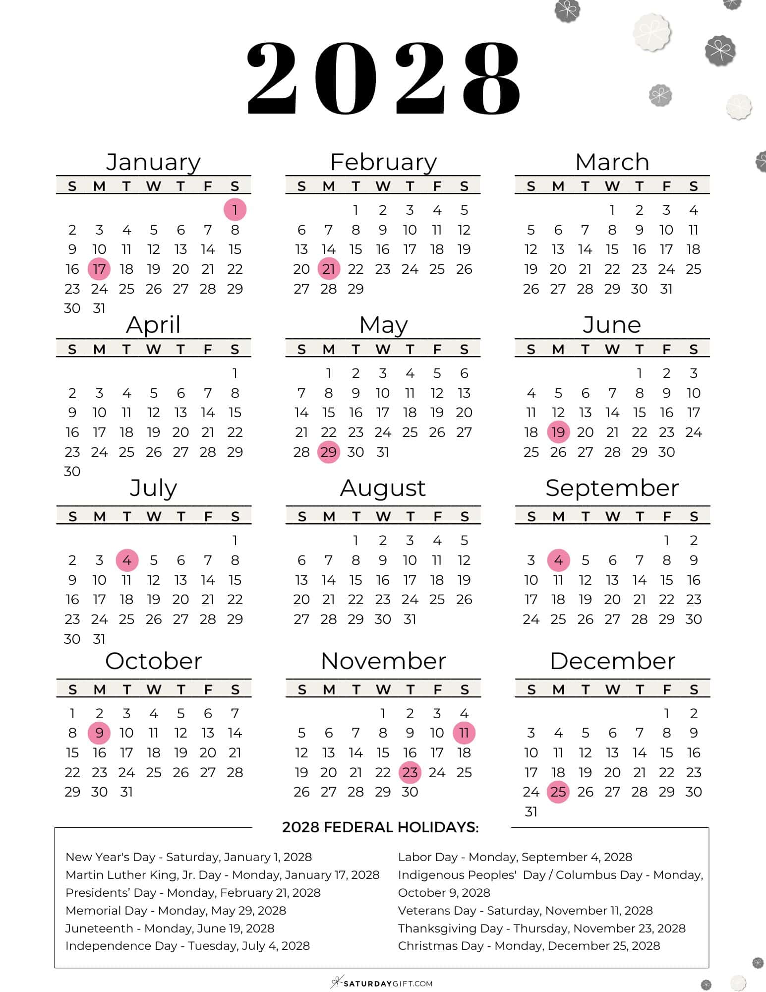 2028 Calendar with Federal Holidays in the U.S. PDF | SaturdayGift
