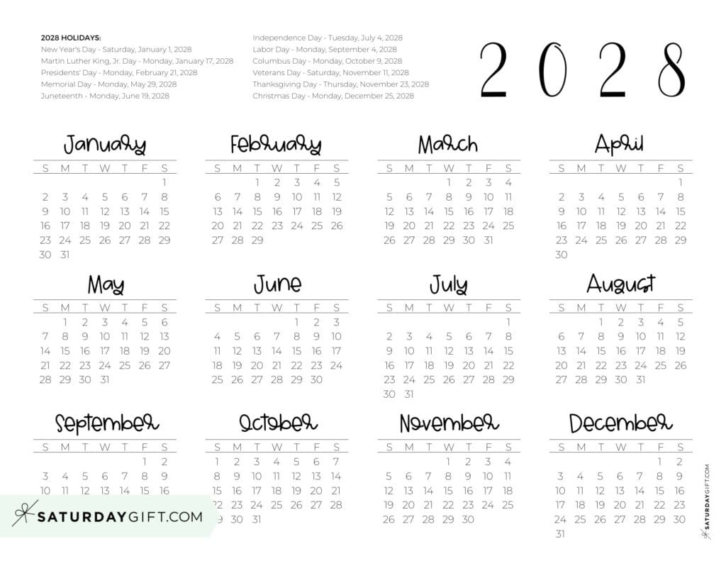 2028 Federal Holidays Calendar Landscape