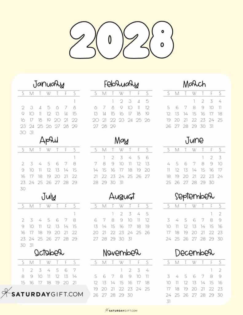 2028 Year Calendar Printable Free Download