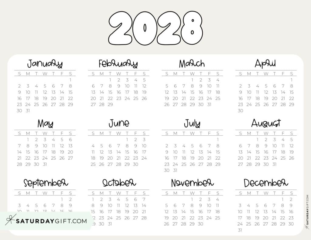 2028 Year Calendar Printable PDF Landscape Beige