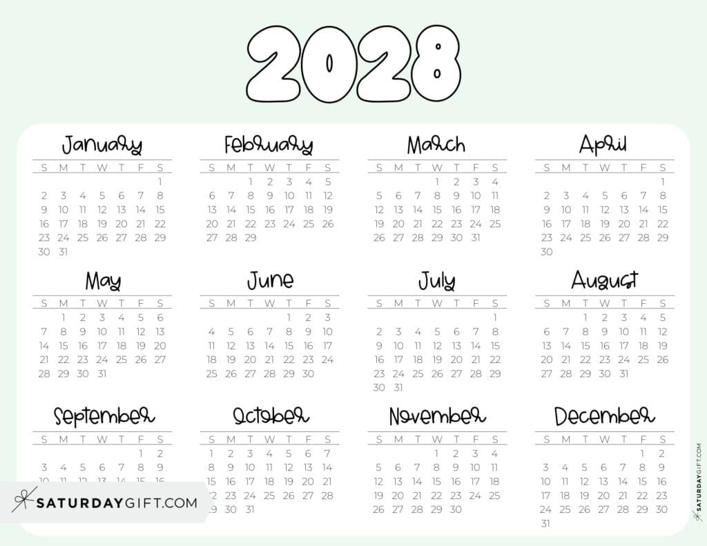 2028 Year Calendar Printable PDF Landscape Green