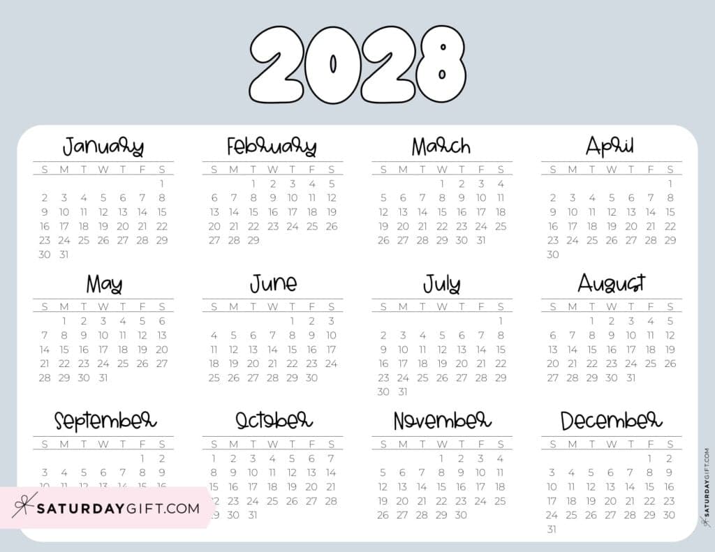 2028 Year Calendar Printable PDF Landscape Grey