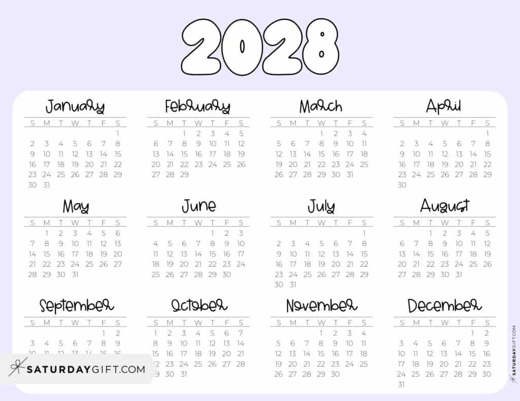 2028 Year Calendar Printable PDF Landscape Lilac