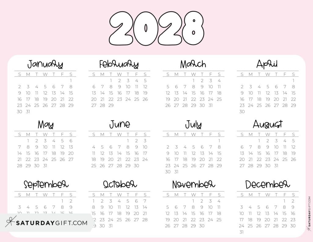 2028 Year Calendar Printable PDF Landscape Pink