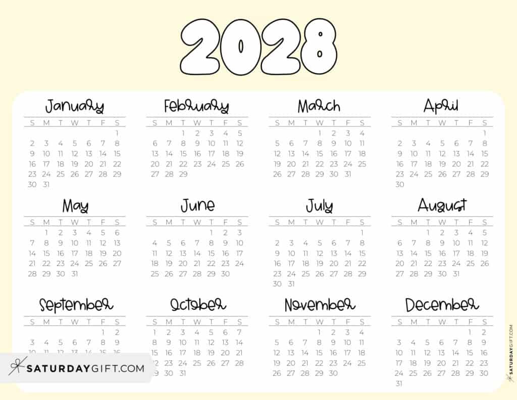 2028 Year Calendar Printable PDF Landscape Yellow