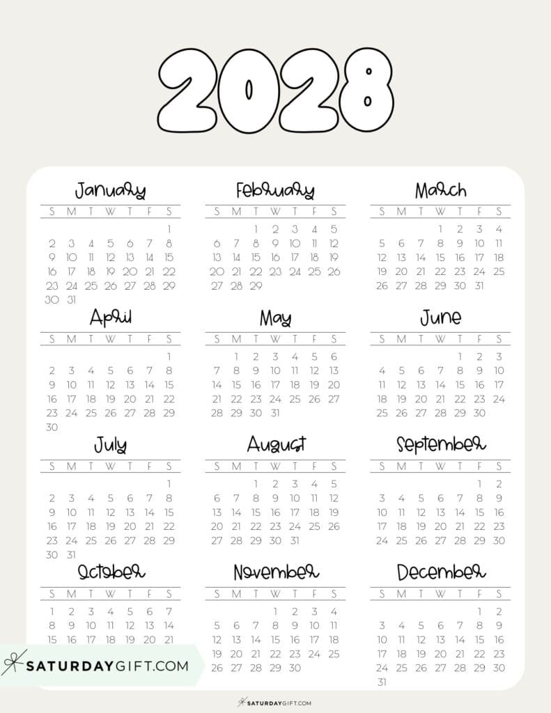 2028 Year at a Glance Calendar Printable PDF Beige