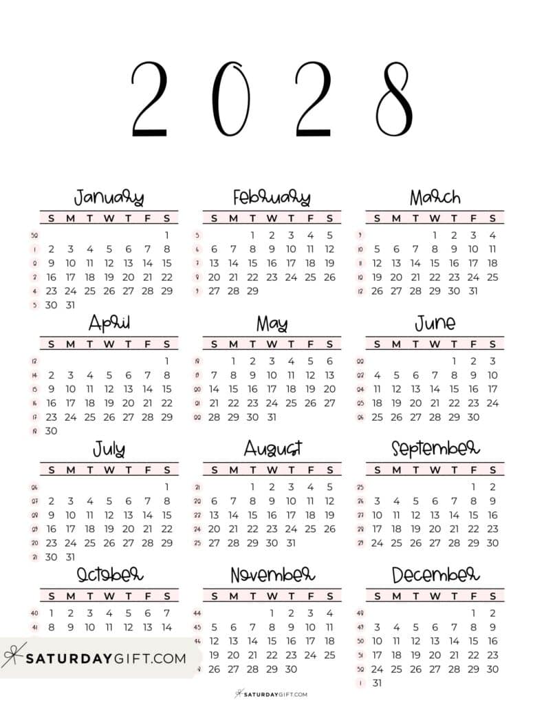 2028 Yearly Calendar with Week Numbers Printable