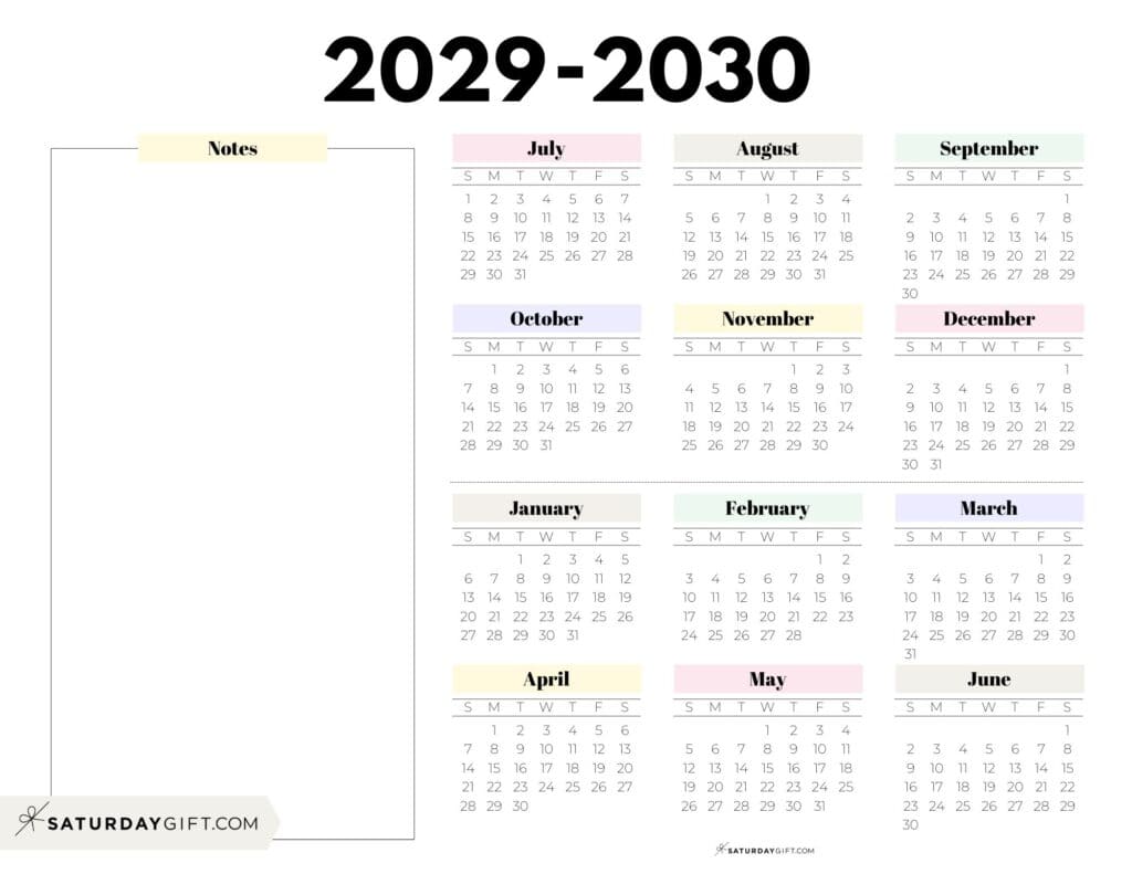 2029-2030 Cute Printable Academic Calendar with Notes Section - Pastel Colors - Landscape | SaturdayGift