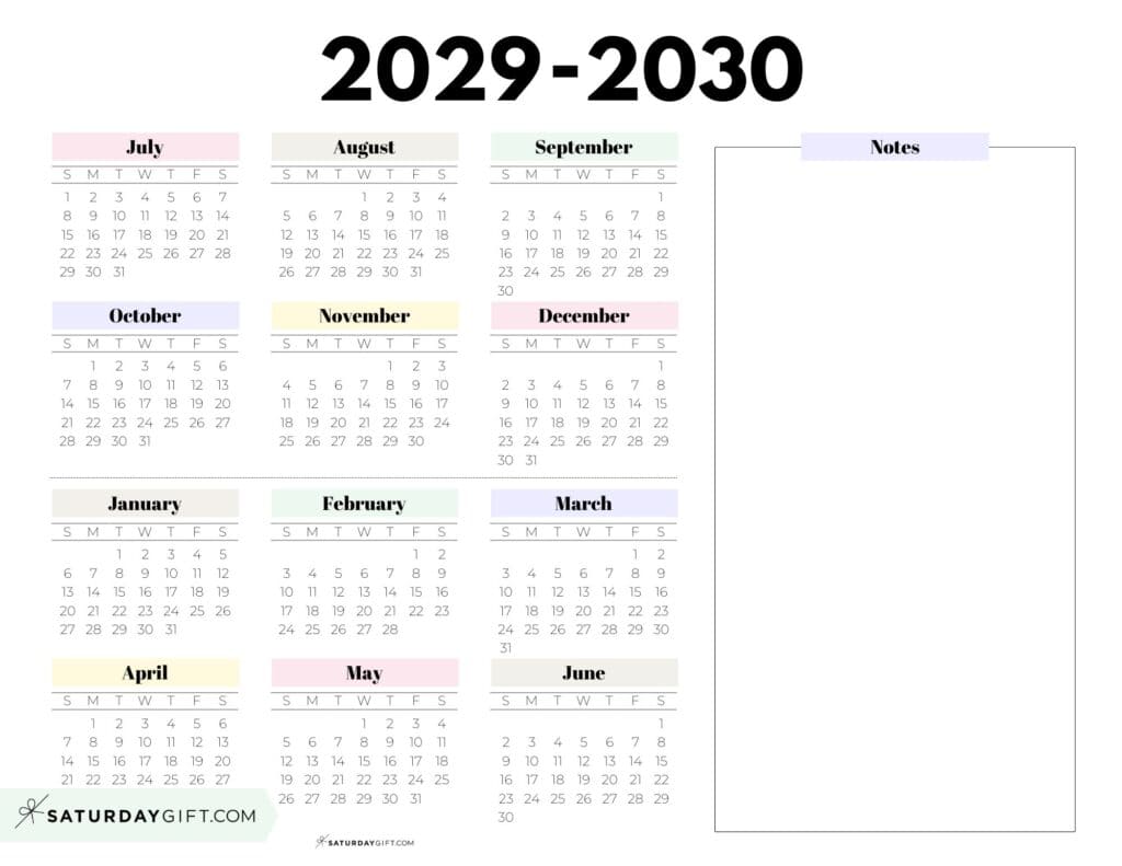 2029-2030 Cute Printable School Calendar Template with Notes Section - Pastel Colors - Landscape | SaturdayGift