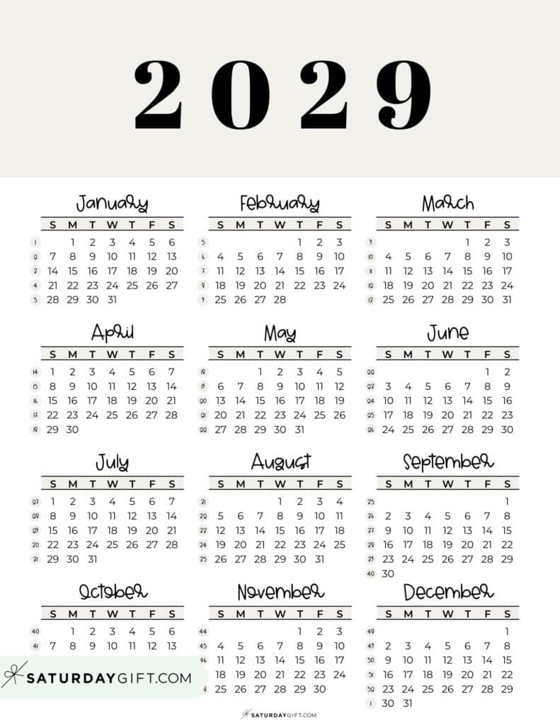 2029 Annual Calendar Printable with Week Numbers Sunday-Starting