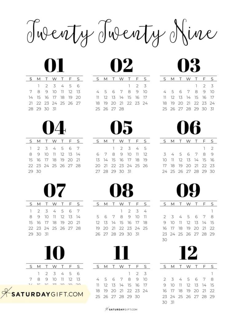 2029 Annual Calendar Template Printable PDF