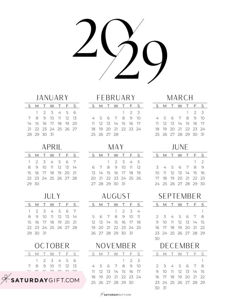 2029 Calendar Printable Aesthetic Black and White Calendar