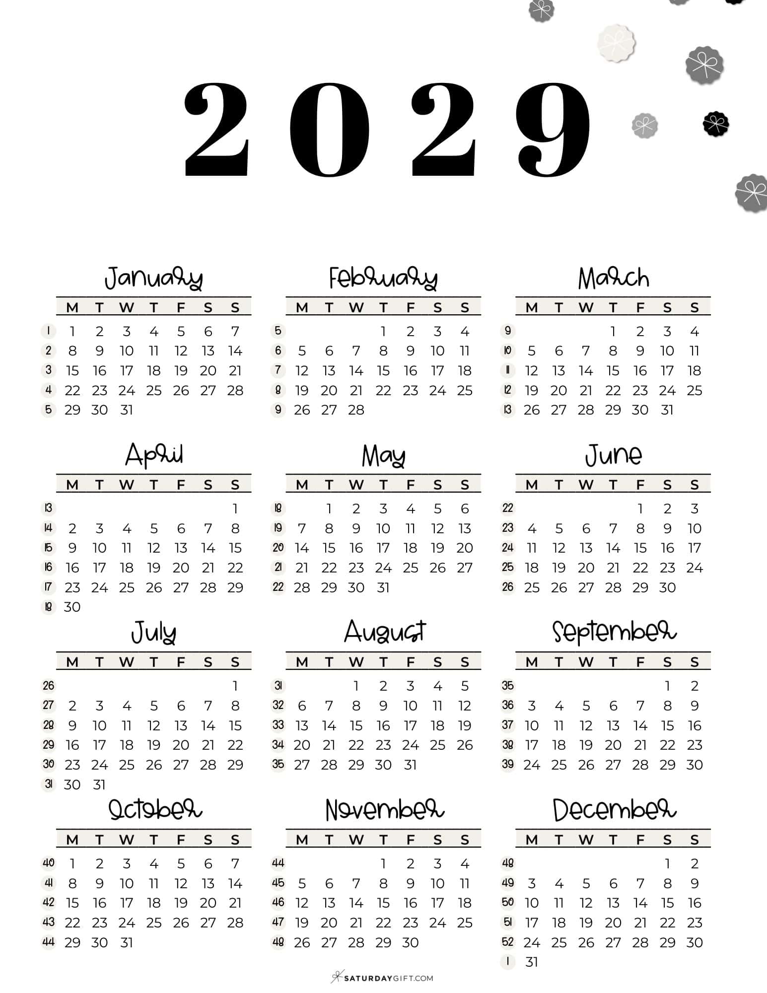 2029 Calendar Template PDF - Week numbers 2029 Monday-starting weeks | SaturdayGift