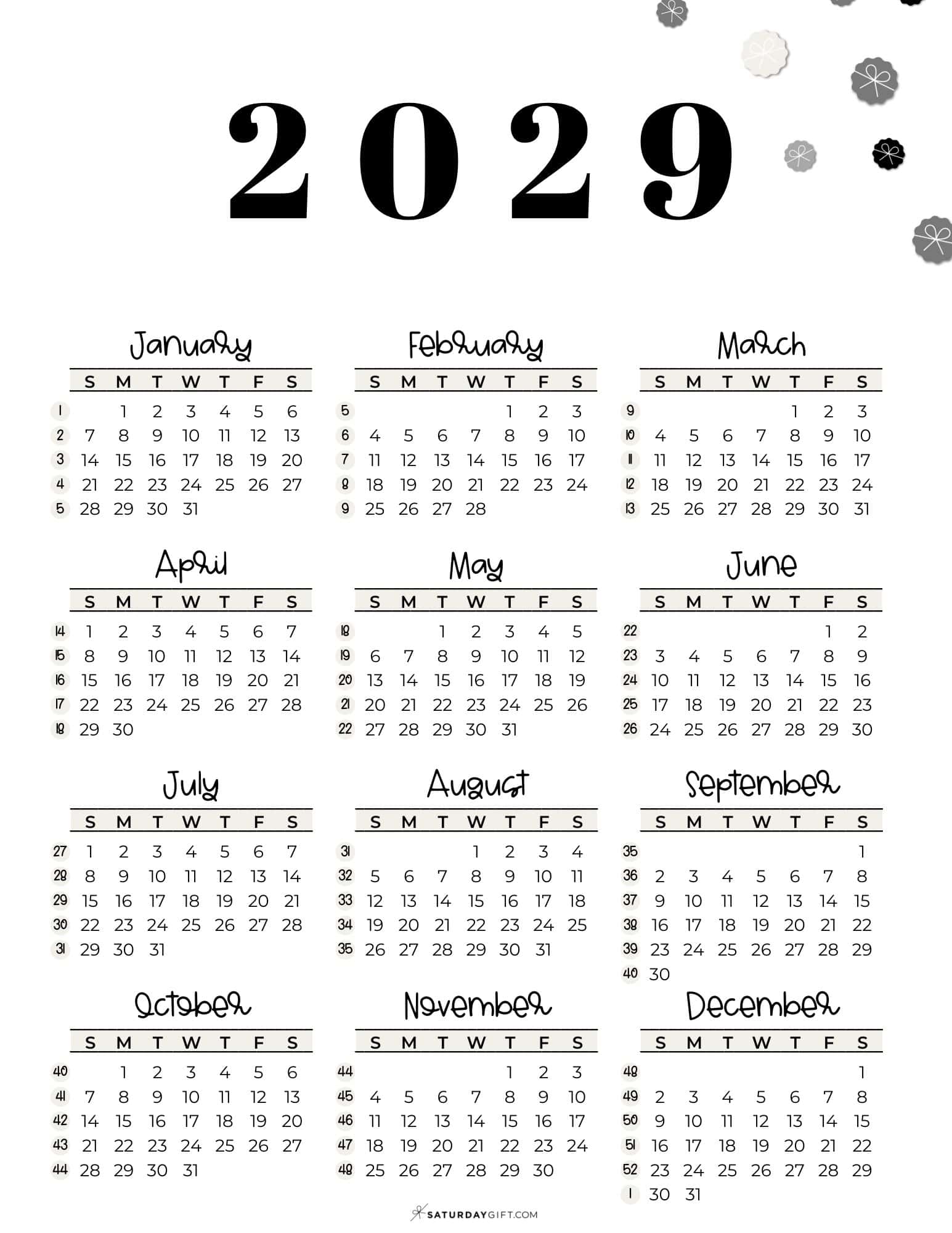 2029 Calendar Template PDF - Week numbers 2029 Sunday-starting weeks | SaturdayGift