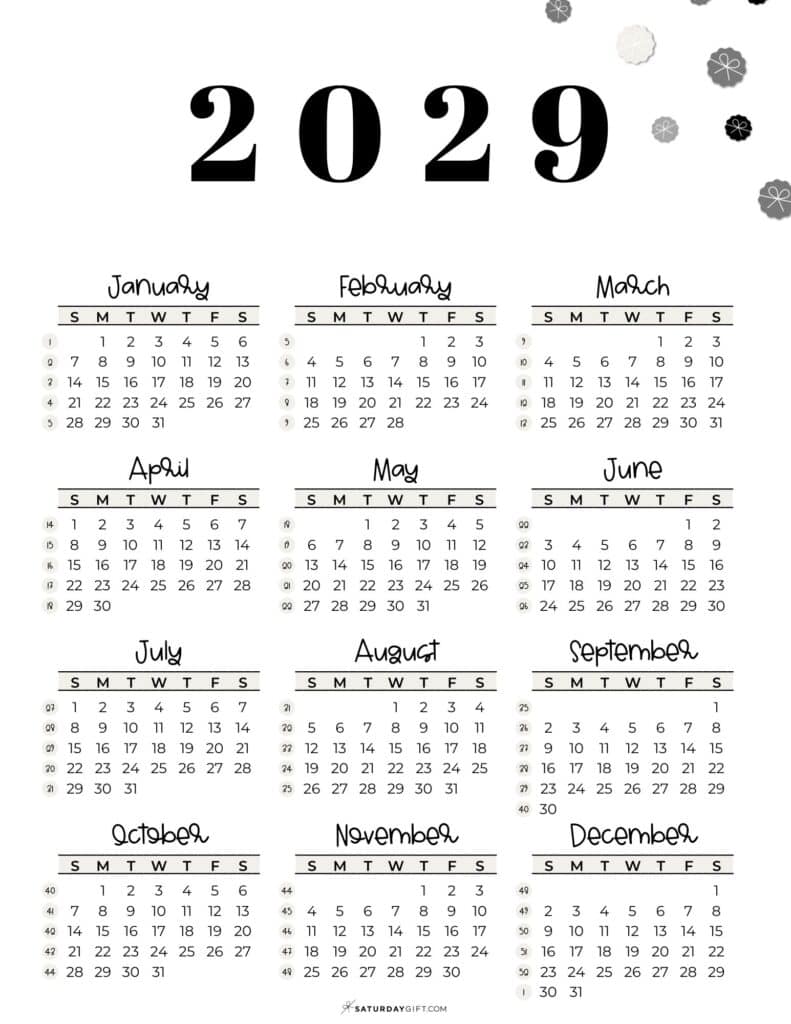 2029 Calendar Template - Week numbers 2029 Sunday-starting weeks