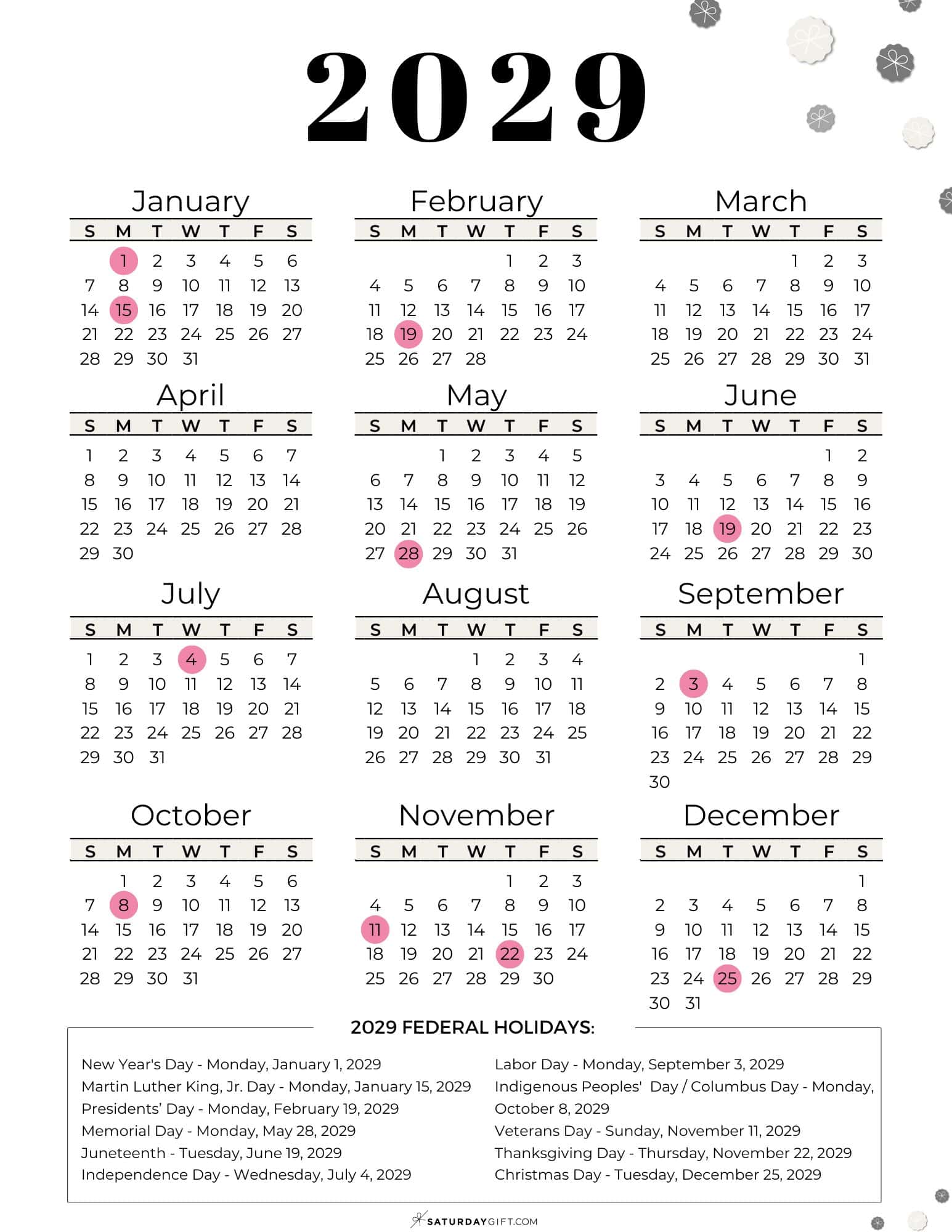 2029 Calendar with Federal Holidays in the U.S. PDF | SaturdayGift