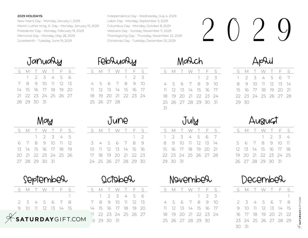 2029 Federal Holidays Calendar Landscape