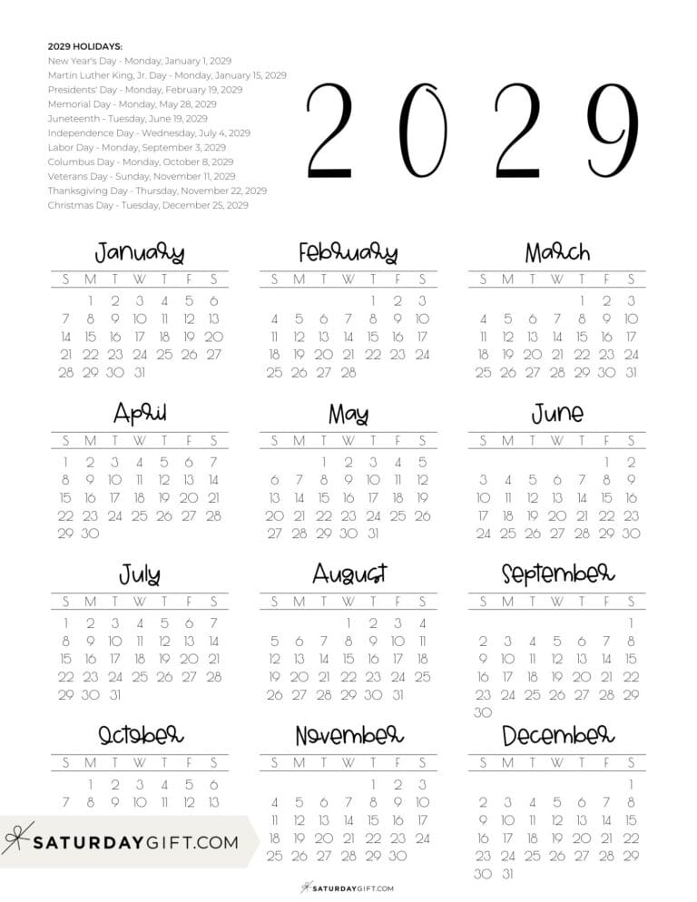 2029 Yearly Calendars - 35 Aesthetic Free Printables