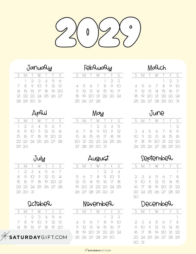 2029 Year Calendar Printable Free Download