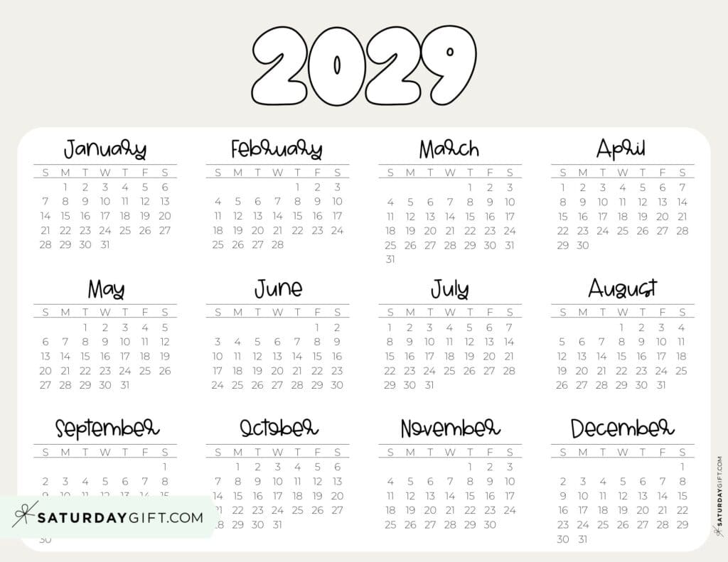 2029 Year Calendar Printable PDF Landscape Beige