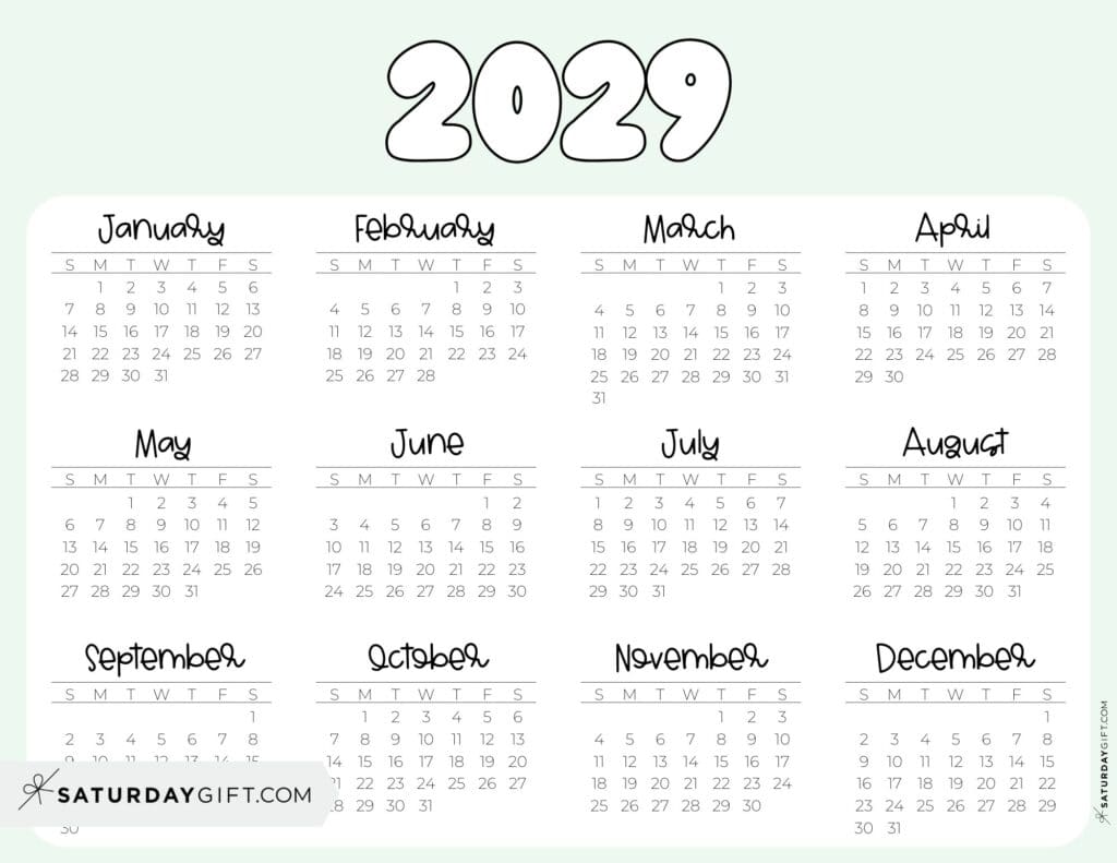 2029 Year Calendar Printable PDF Landscape Green