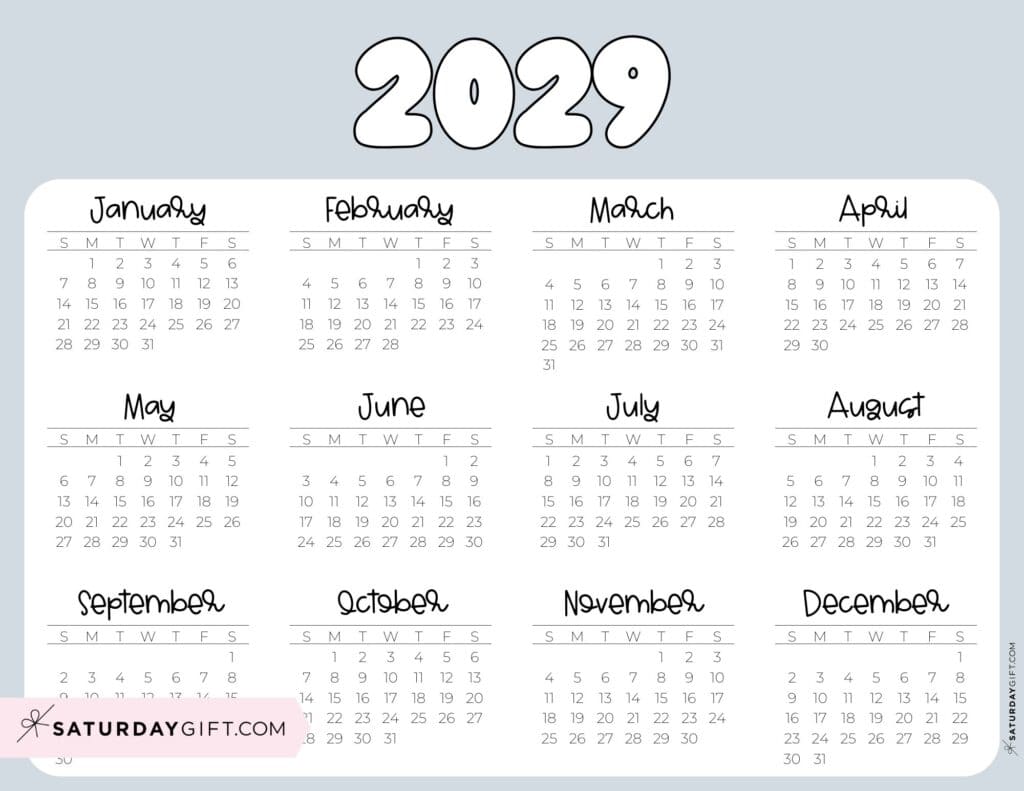 2029 Year Calendar Printable PDF Landscape Grey