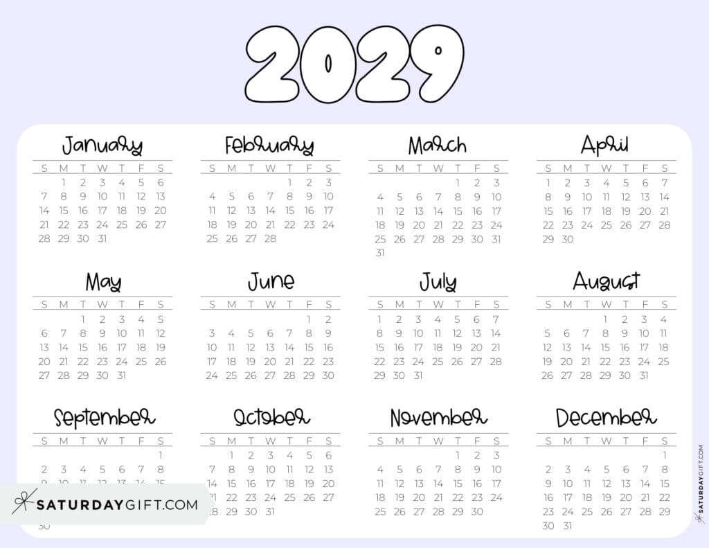 2029 Year Calendar Printable PDF Landscape Lilac