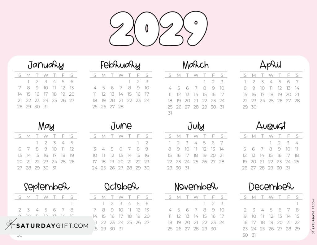 2029 Year Calendar Printable PDF Landscape Pink