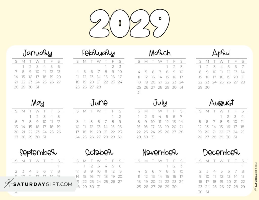 2029 Year Calendar Printable PDF Landscape Yellow