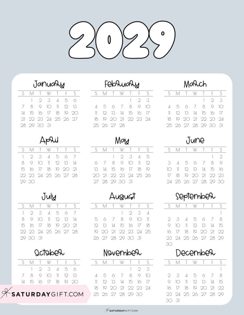 2029 Year Long Calendar Printable
