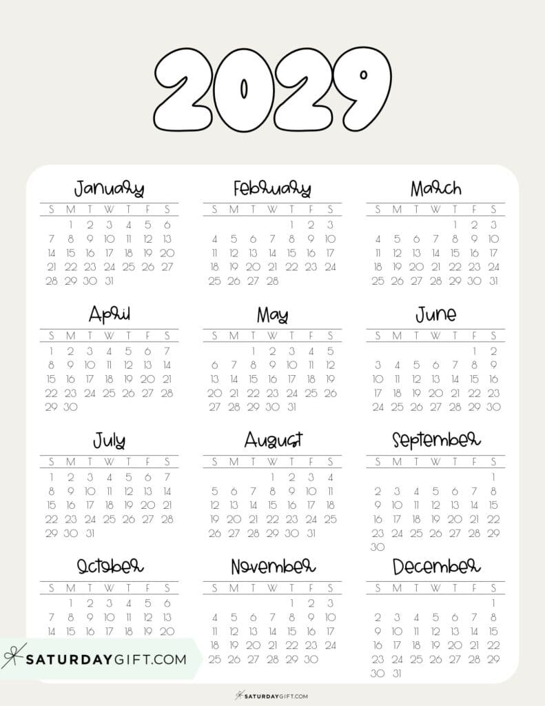 2029 Year at a Glance Calendar Printable PDF Beige